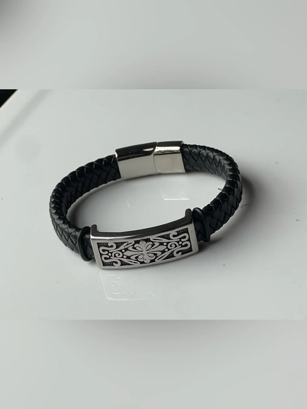 Black Braided Leather Men's Bracelet with Silver Accent